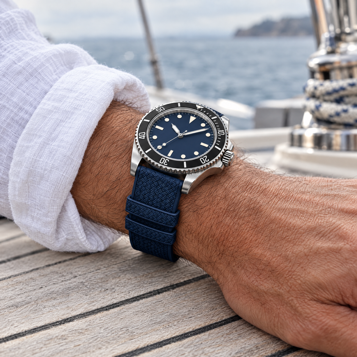 The FKM Dive Strap — Navy worn