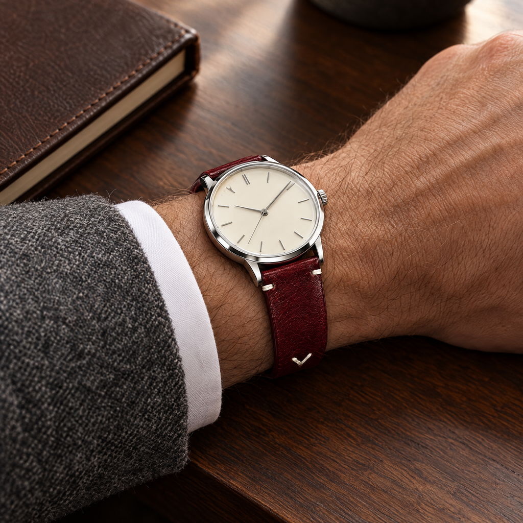The Wax Leather Strap — Burgundy worn