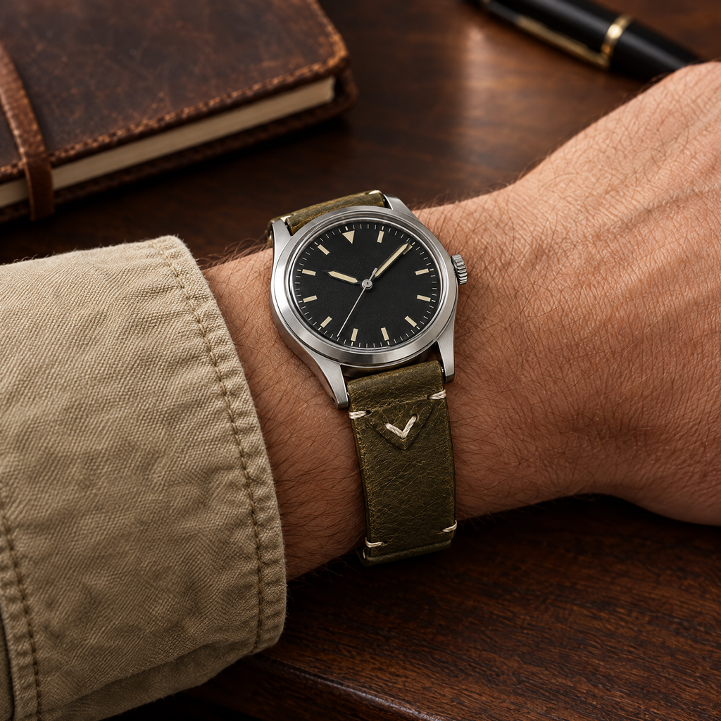 The Wax Leather Strap — Olive worn