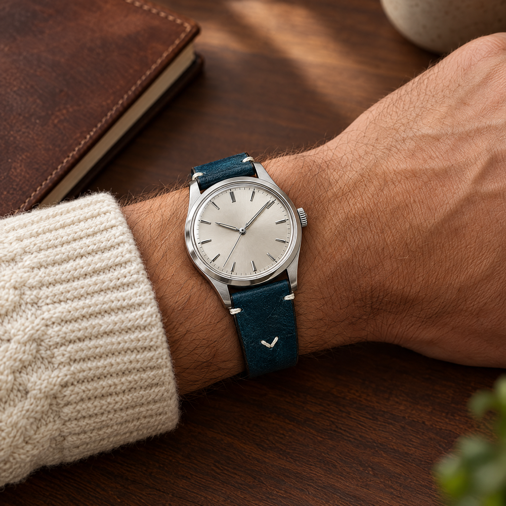 The Wax Leather Strap — Navy worn