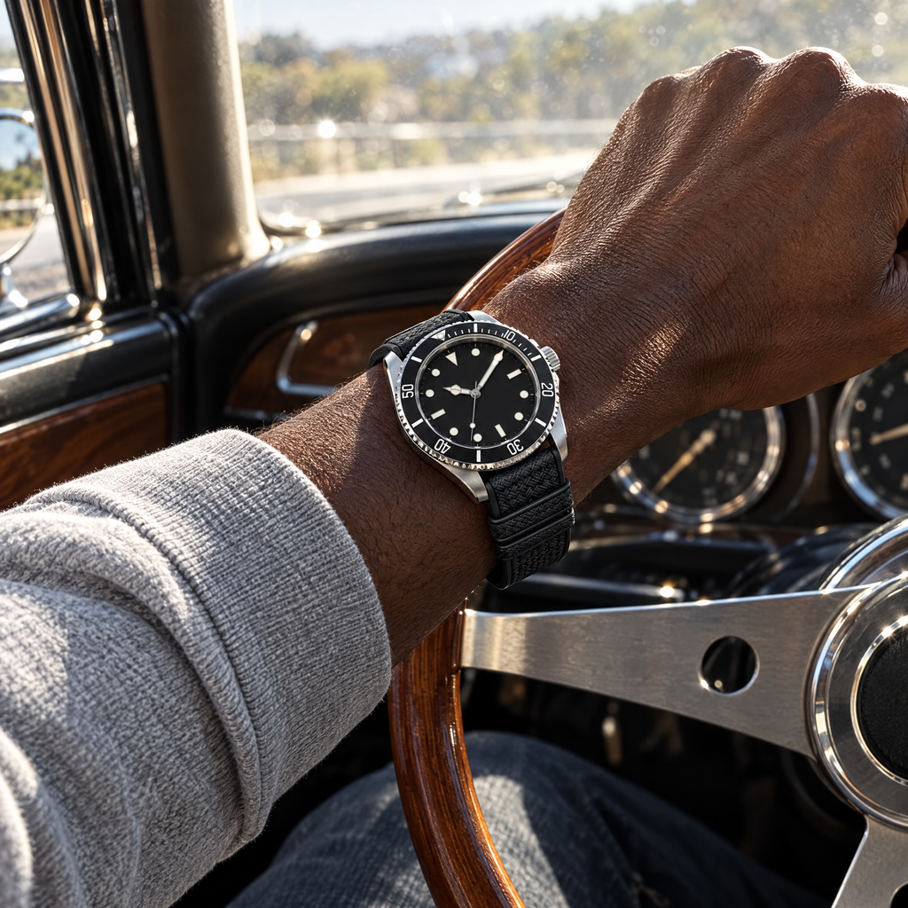 The FKM Dive Strap — Black on the wrist