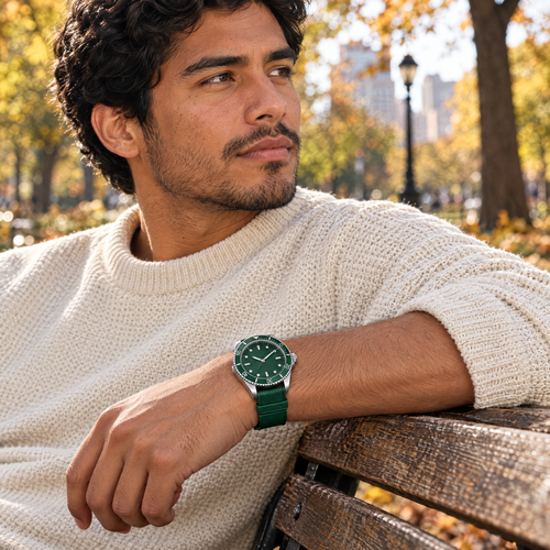 The FKM Dive Strap — Green on the wrist