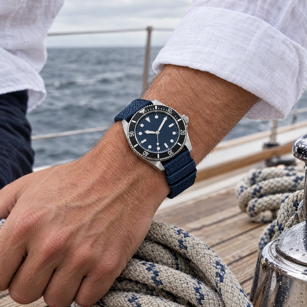The FKM Dive Strap — Navy on the wrist