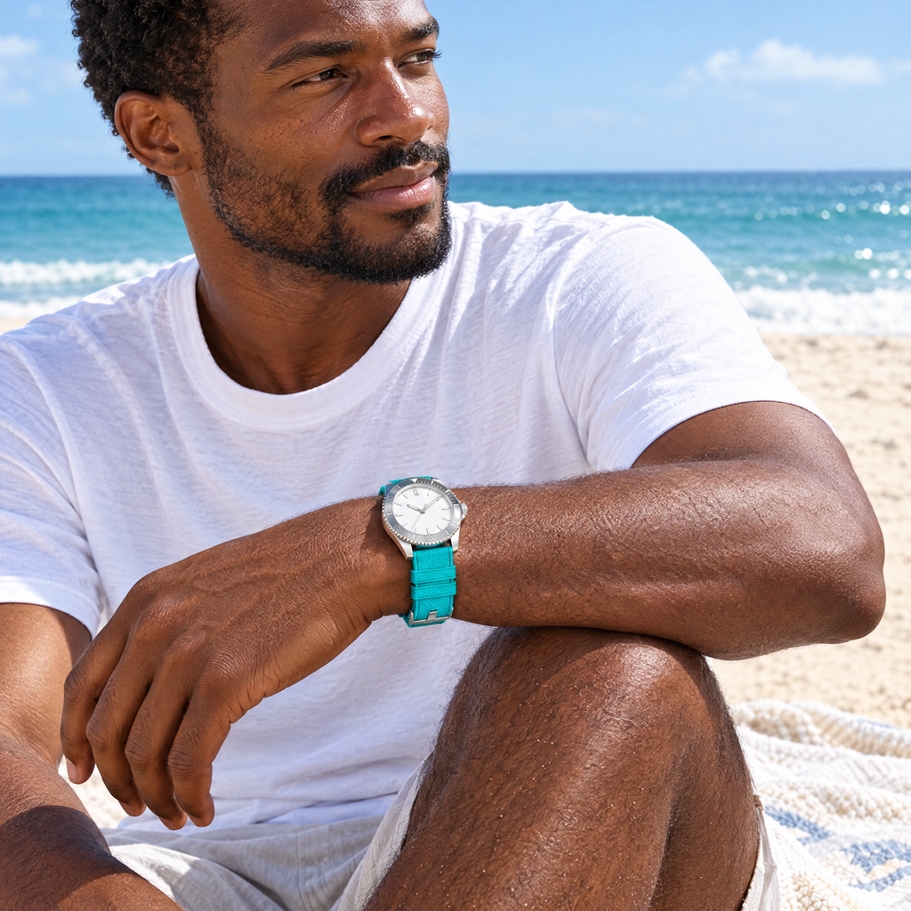 The FKM Dive Strap — Turquoise on the wrist