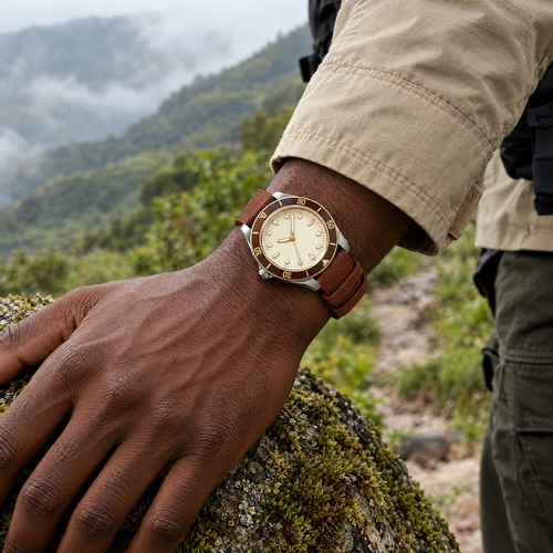The FKM Dive Strap — Brown on the wrist