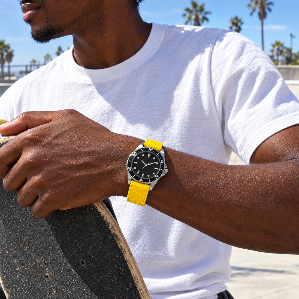 The FKM Dive Strap — Yellow on the wrist