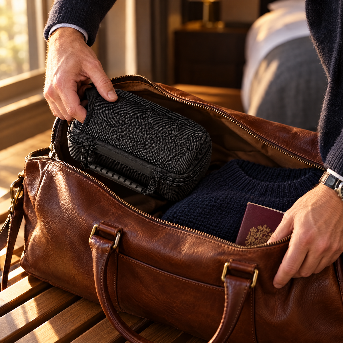 The Marlow Three packed in a weekend bag