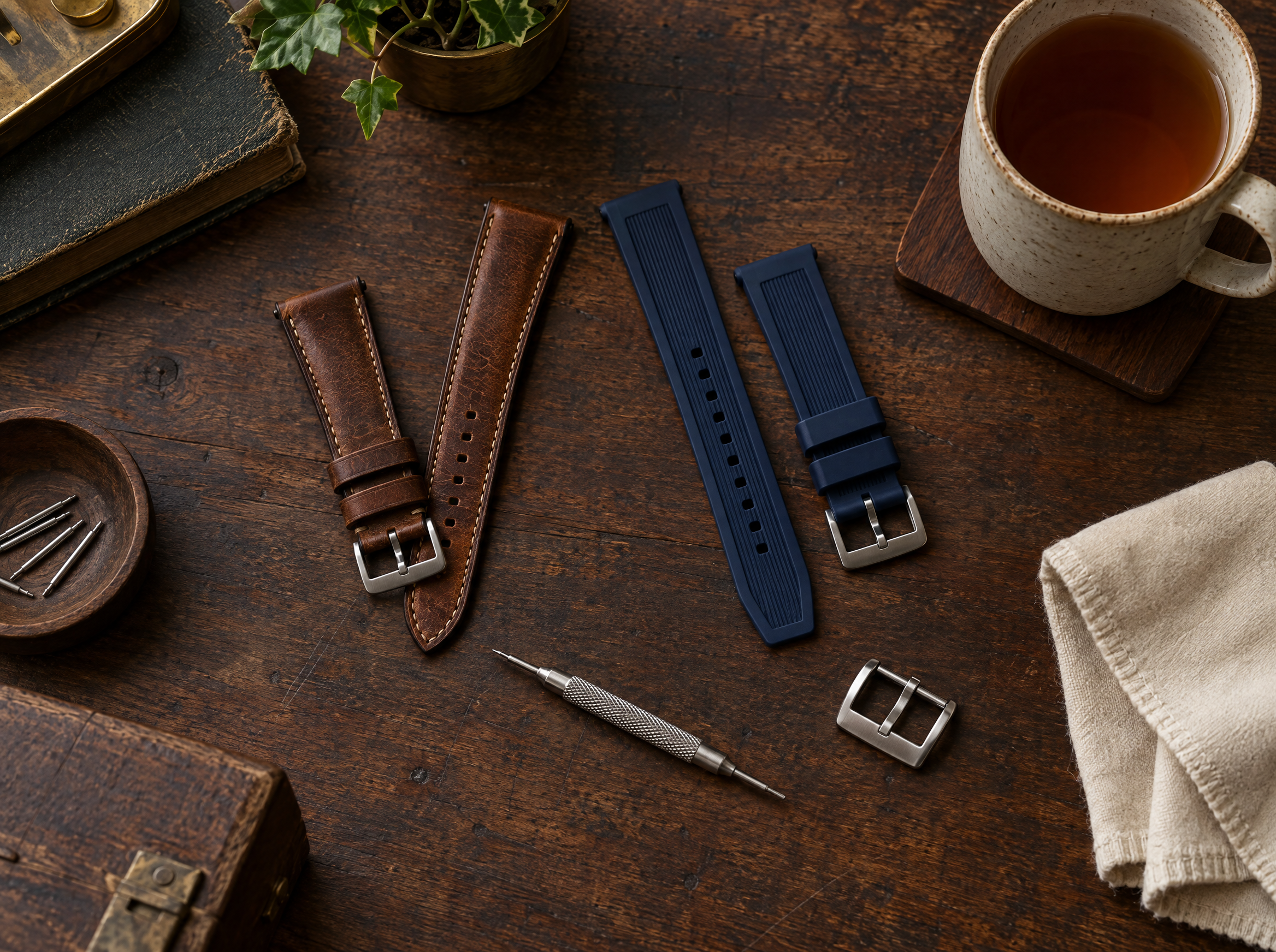 Watch straps on a workbench